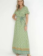 cflo Rochie Verde din Viscoză cu Model Etnic cu Elastic și Curea în Talie Lucassa