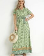 cflo Rochie Verde din Viscoză cu Model Etnic cu Elastic și Curea în Talie Lucassa