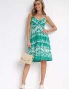 cflo Rochie Verde din Viscoză cu Model Ornamental cu Elastic în Talie Hirata