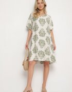 cflo Rochie Verde Dreaptă din Viscoză Decorată cu Model Geometric Emilavie