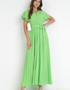cflo Rochie Verde Elegantă Maxi plisată cu decolteu petrecut și legătură Thessi