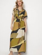 cflo Rochie Verde Evazată din Viscoză cu Model Geometric cu Curea Ranislla