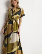 cflo Rochie Verde Evazată din Viscoză cu Model Geometric cu Curea Ranislla
