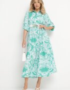 cflo Rochie Verde Lungă Cloș cu model ornamental cu volănaș Ariantise