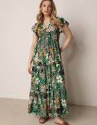 cflo Rochie Verde Maxi din Viscoză cu Elastic în Talie și Nasturi Nyllu
