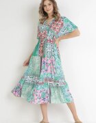 cflo Rochie Verde mentă-Roz Florală Midi cu Elastic în Talie cu Volănaș din Viscoză Jazaria