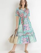 cflo Rochie Verde mentă-Roz Florală Midi cu Elastic în Talie cu Volănaș din Viscoză Jazaria