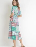 cflo Rochie Verde mentă-Roz Florală Midi cu Elastic în Talie cu Volănaș din Viscoză Jazaria