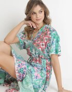 cflo Rochie Verde mentă-Roz Florală Midi cu Elastic în Talie cu Volănaș din Viscoză Jazaria