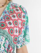 cflo Rochie Verde mentă-Roz Florală Midi cu Elastic în Talie cu Volănaș din Viscoză Jazaria