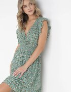 cflo Rochie Verde Mini din Viscoză cu Elastic în Talie și Volane Matthes