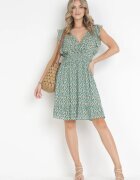 cflo Rochie Verde Mini din Viscoză cu Elastic în Talie și Volane Matthes
