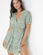 cflo Rochie Verde Vâscoză Mini cu Elastic în Talie și Volane Gantisa
