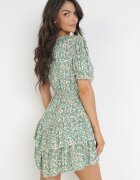 cflo Rochie Verde Vâscoză Mini cu Elastic în Talie și Volane Gantisa
