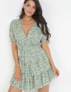 cflo Rochie Verde Vâscoză Mini cu Elastic în Talie și Volane Gantisa