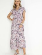 cflo Rochie Violet din Viscoză cu Model Etnic cu Elastic în Talie Munira