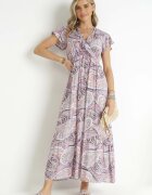 cflo Rochie Violet din Viscoză cu Model Etnic cu Elastic în Talie Munira