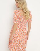 cflo Rochie Viscoză Portocalie Tip Spaniolă cu Croială Cloș și Decolteu Încrețit Otlea