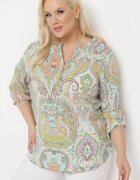 christy Bluză tip cămașă Verde-Bej cu nasturi la decolteu cu imprimeu ornamental Indafare