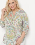 christy Bluză tip cămașă Verde-Bej cu nasturi la decolteu cu imprimeu ornamental Indafare