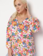 christy Cămașă Florală Roz-Portocalie cu Nasturi Decorativi și Decolteu Triunghiular Portlyn