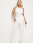 christy Pantaloni Largi Albi din Țesătură Plisată cu Elastic în Talie Cesele