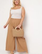 christy Pantaloni Lărgi Bej închis din țesătură plisată cu elastic în talie Cesele
