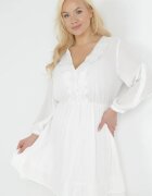 christy Rochie Amplă Mini Albă cu Decolteu Decorativ și Elastic în Talie Braely