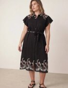 christy Rochie cămașă evazată din vâscoză cu broderie și curea tip cravată Adellis Neagră