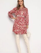 christy Rochie Mini Bordo-Bej cu Volănaș și Model Abstract Ovină