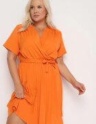 christy Rochie Portocalie cu Decolteu Petrecut cu Curea Legată și Elastic în Talie Vung
