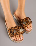 ciaodeo Papuci Leopard cu talpă groasă decorați cu fundă cu aplicații metalice Tenalenea