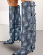  Cizme albastre din denim cu toc stiletto cu partea superioară răsfrântă Rialetta