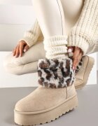  Cizme de zăpadă bej din ecozamș cu platformă decorate cu carâmb de blană leopard Realivia