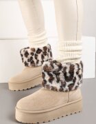  Cizme de zăpadă bej din ecozamș cu platformă decorate cu carâmb de blană leopard Realivia
