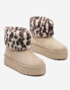 Cizme de zăpadă bej din ecozamș cu platformă decorate cu carâmb de blană leopard Realivia