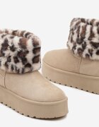  Cizme de zăpadă bej din ecozamș cu platformă decorate cu carâmb de blană leopard Realivia