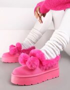  Cizme de zăpadă Fucsia cu talpă groasă cu blană artificială și pompoane Irissaure