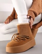  Cizme de zăpadă Maro Slip-on pe Platformă cu Imitație Decorativă de Șireturi Kaindria