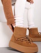  Cizme de zăpadă Maro Slip-on pe Platformă cu Imitație Decorativă de Șireturi Kaindria