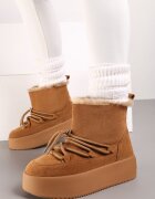  Cizme de zăpadă Maro Slip-on pe Platformă cu Imitație Decorativă de Șireturi Kaindria
