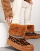  Cizme de zăpadă plate maro decorate cu model leopard broderie și blană Linnealis