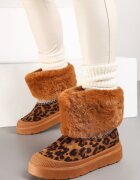  Cizme de zăpadă plate maro decorate cu model leopard broderie și blană Linnealis
