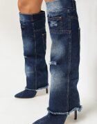  Cizme jeans albastre cu carâmb răsfrânt cu buzunare și rupturi Kasife