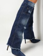  Cizme jeans albastre cu carâmb răsfrânt cu buzunare și rupturi Kasife