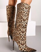  Cizme maro slip-on cu toc stiletto cu aplicații de zirconiu și vârf ascuțit Hanadelle