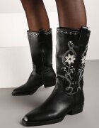  Cizme Negre Cowboy cu Talpă Plată Decorate cu Broderie Florală Emithalia