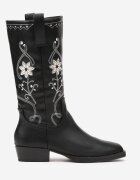  Cizme Negre Cowboy cu Talpă Plată Decorate cu Broderie Florală Emithalia