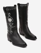  Cizme Negre Cowboy cu Talpă Plată Decorate cu Broderie Florală Emithalia