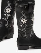  Cizme Negre Cowboy cu Talpă Plată Decorate cu Broderie Florală Emithalia